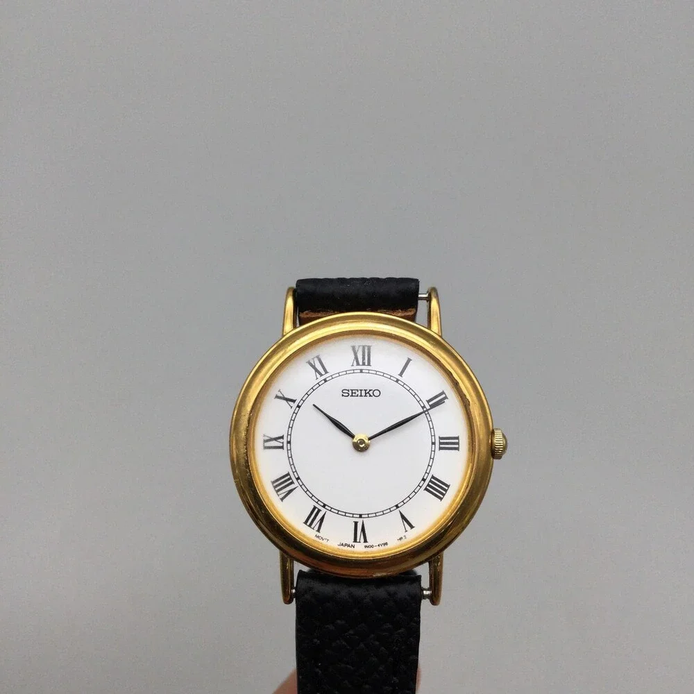 Seiko Watch Womens 26mm Gold Tone 1N00-0D59 Black Leather Band New Battery - Picture 7 of 15